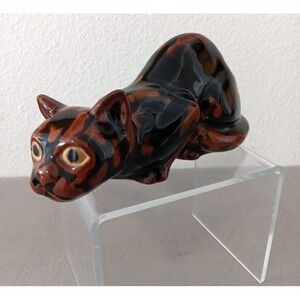 Crouching Calico Cat Figurine Drip Glazed Ceramic 8" Long Hunter Black Brown MCM